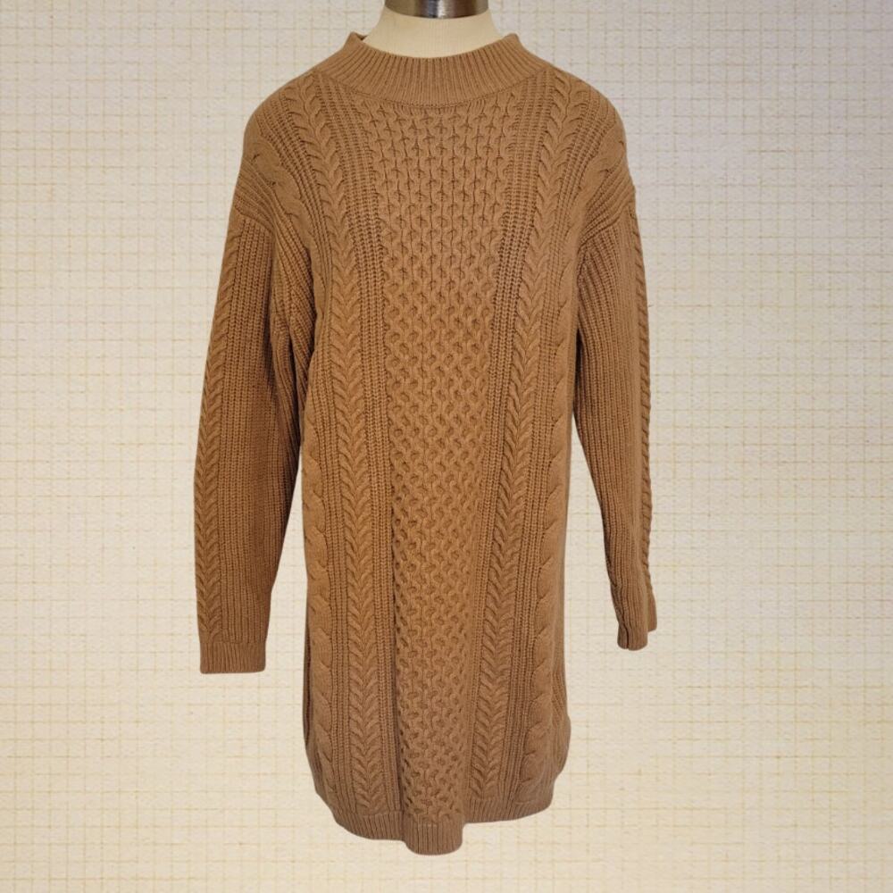 Cable Knit Sweater Midi Dress Banana Republic Tan Size Medium Cotton Wool Blend